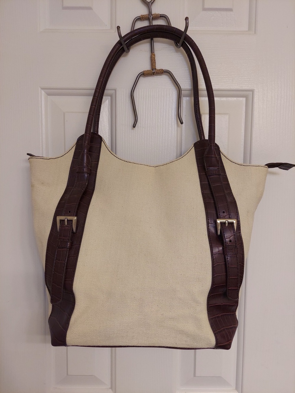 Coldwater Creek Cream Canvas Tote with Brown Trim